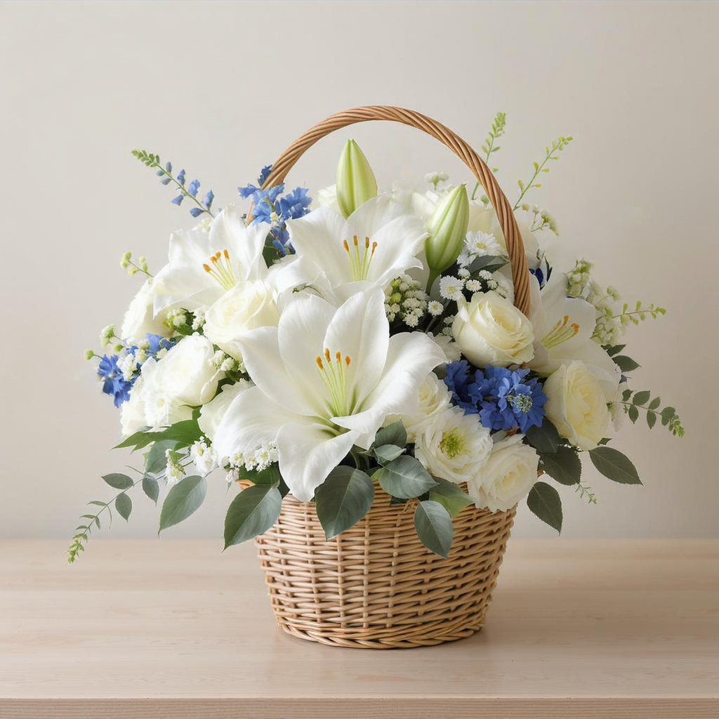 Serenity in Bloom – Blue & White Basket Arrangement