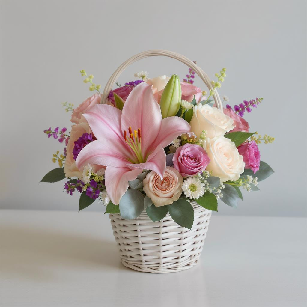 Regular size flower basket arrangement with pink lilies, blush roses, white ranunculus, and soft greenery in a white woven basket on a light background- Fresh flowers Vista CA.