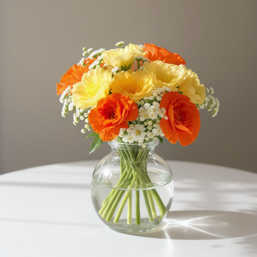 Regular size yellow and orange mixed flower arrangement with roses and gerbera daisies in a clear vase on a white tabletop – fresh flowers Oceanside CA.