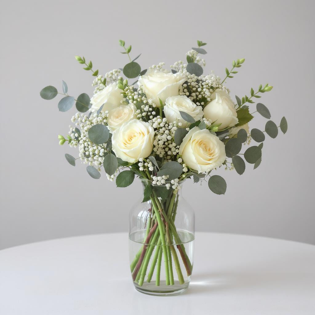 Deluxe size white rose and eucalyptus flower arrangement in a clear vase with baby’s breath on a white tabletop – Oceanside florist.