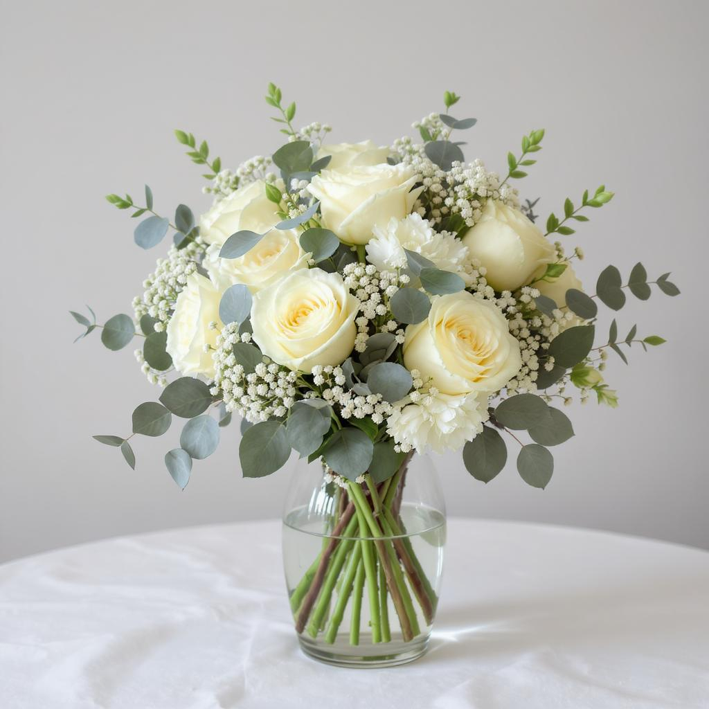 Ivory Elegance – White Rose & Baby's Breath Vase Arrangement