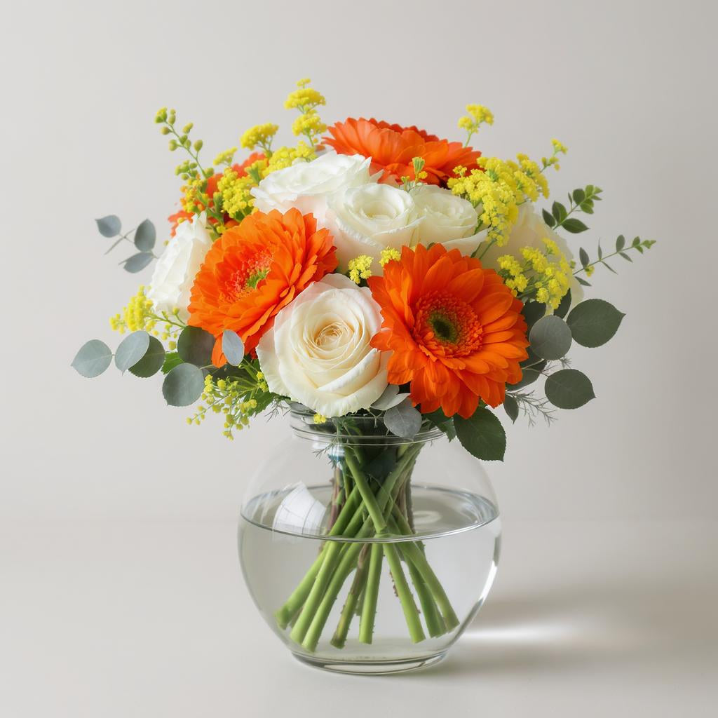 Deluxe size orange gerbera and white rose flower arrangement with added fullness in a clear round vase – Fresh flowers Escondido CA.