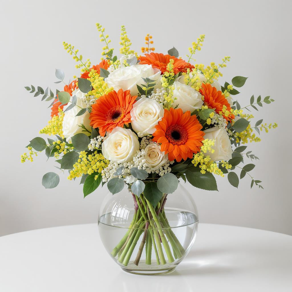 Premium size vibrant orange gerbera and white rose bouquet with extra blooms in a clear round vase – Fresh flowers Escondido CA.