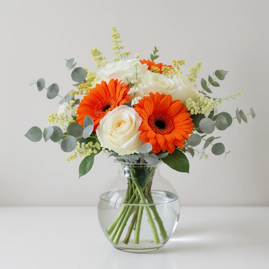 Citrus Harmony – Orange Gerbera & Cream Rose Vase Arrangement