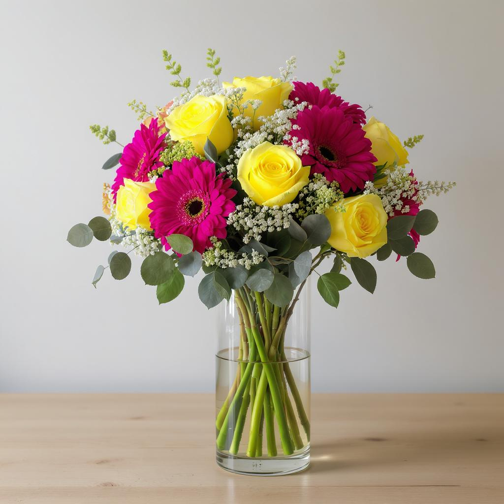 Sunset Pop – Yellow & Hot Pink Mix Vase Arrangement