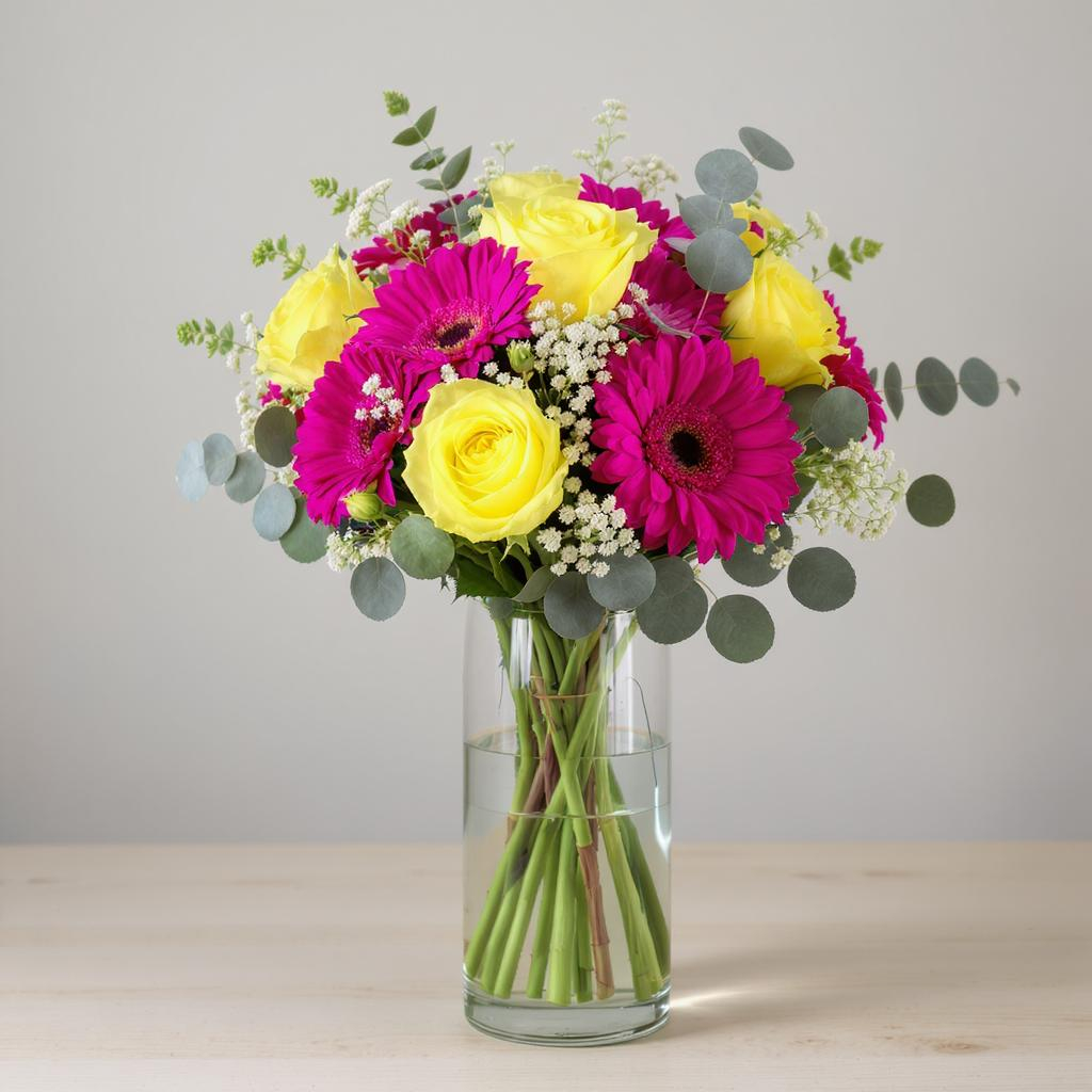 Sunset Pop – Yellow & Hot Pink Mix Vase Arrangement