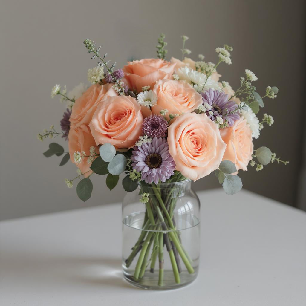 Deluxe size peach rose and pastel mixed flower arrangement with added blooms and fuller greenery in a clear glass vase – Escondido florist.