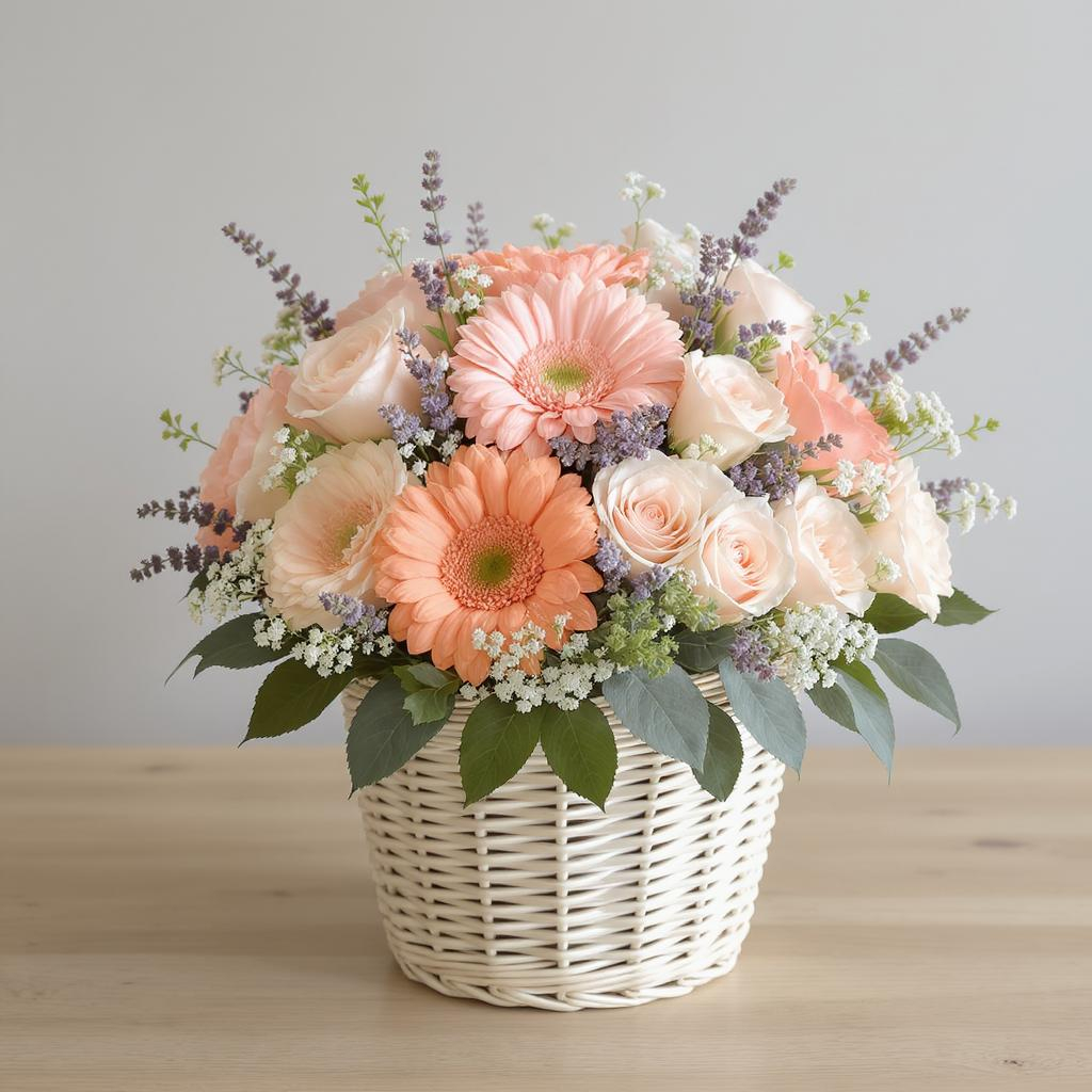 Peach Lavender Bliss – Gerbera & Rose Basket Arrangement