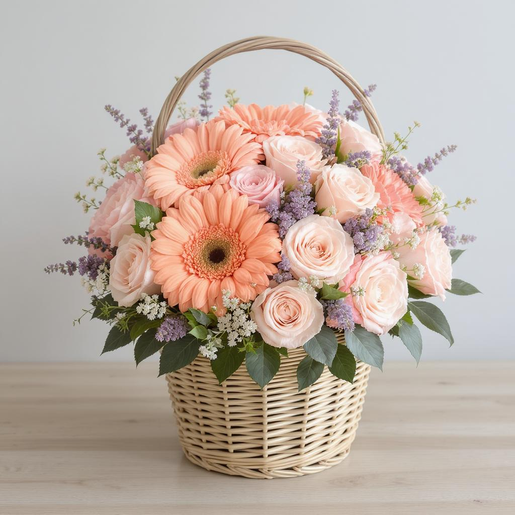 Peach Lavender Bliss – Gerbera & Rose Basket Arrangement