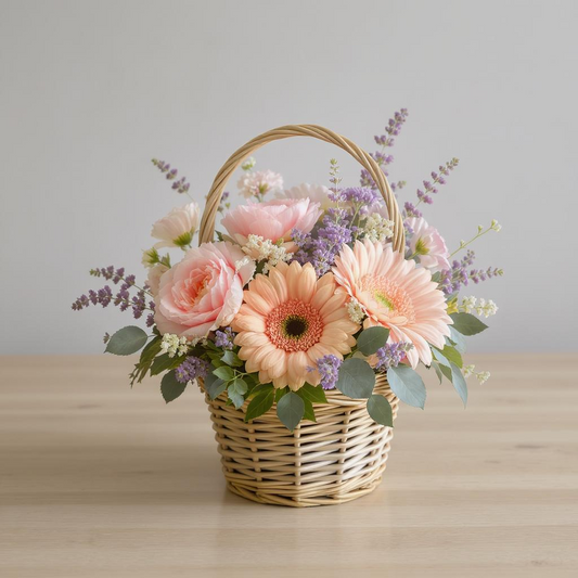 Peach Lavender Bliss – Gerbera & Rose Basket Arrangement