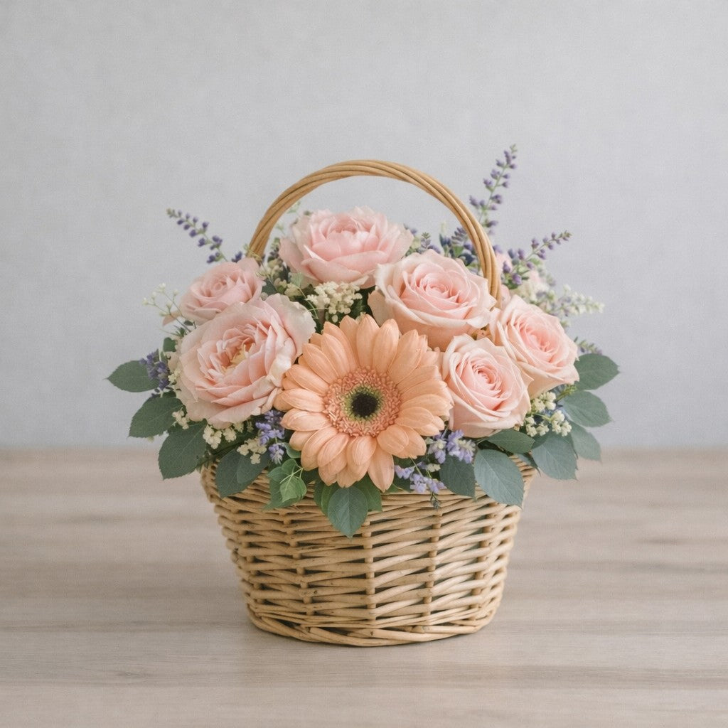 Peach gerbera and blush rose basket arrangement – Regular size flower delivery in Escondido, CA. Soft pastel floral design in a woven basket.