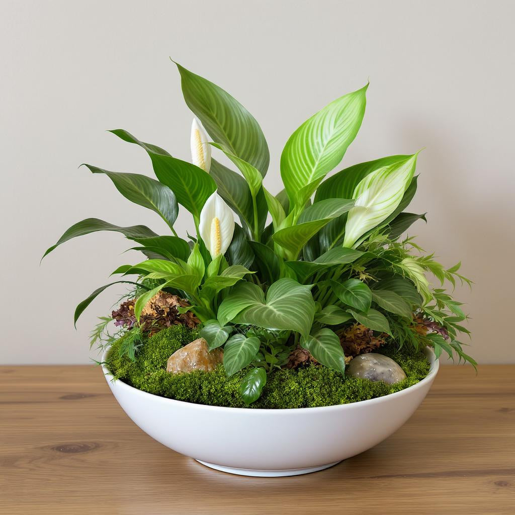 Deluxe size green plant dish garden featuring a fuller mix of assorted foliage plants in a round white ceramic bowl on a light wooden table — Carlsbad florist.