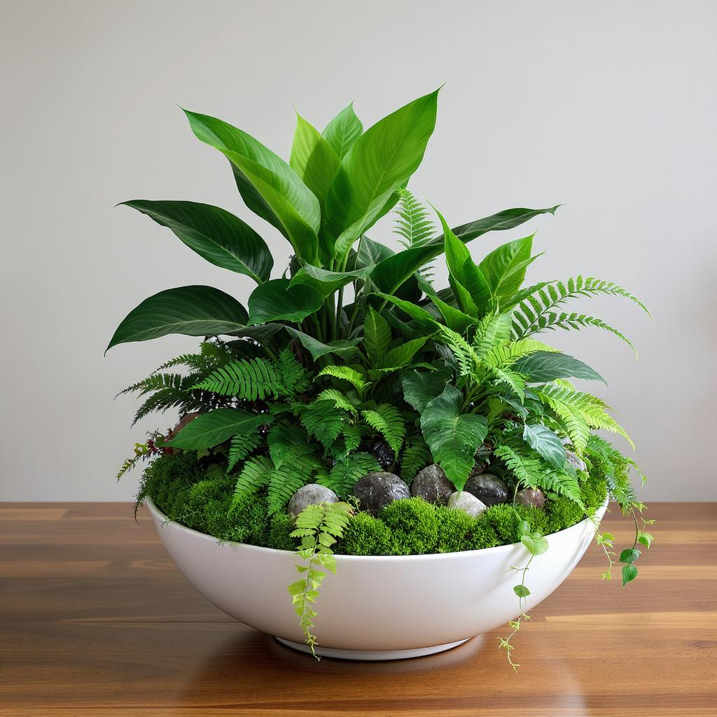 Tropical Serenity Dish Garden – Peace Lily, Fern & Succulent Planter