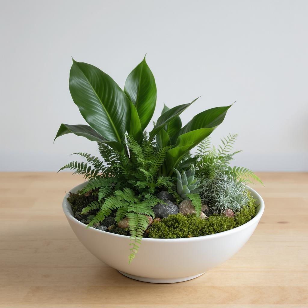Tropical Serenity Dish Garden – Peace Lily, Fern & Succulent Planter