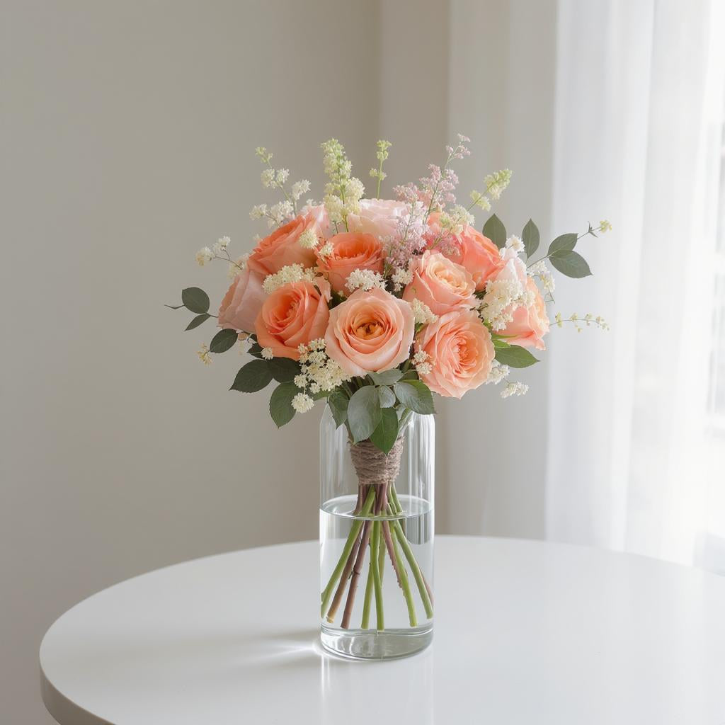 Deluxe size flower arrangement featuring peach roses, cream spray roses, astilbe, and mixed greenery in a clear glass vase with a warm indoor background - Same-day flower delivery Oceanside.