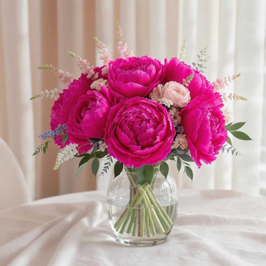 Deluxe size flower arrangement with vibrant pink peonies, pink roses, greenery, and eucalyptus in a clear round glass vase — Oceanside flower delivery.