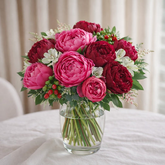 Pink and burgundy peony vase arrangement with seasonal greenery, Encinitas flower delivery