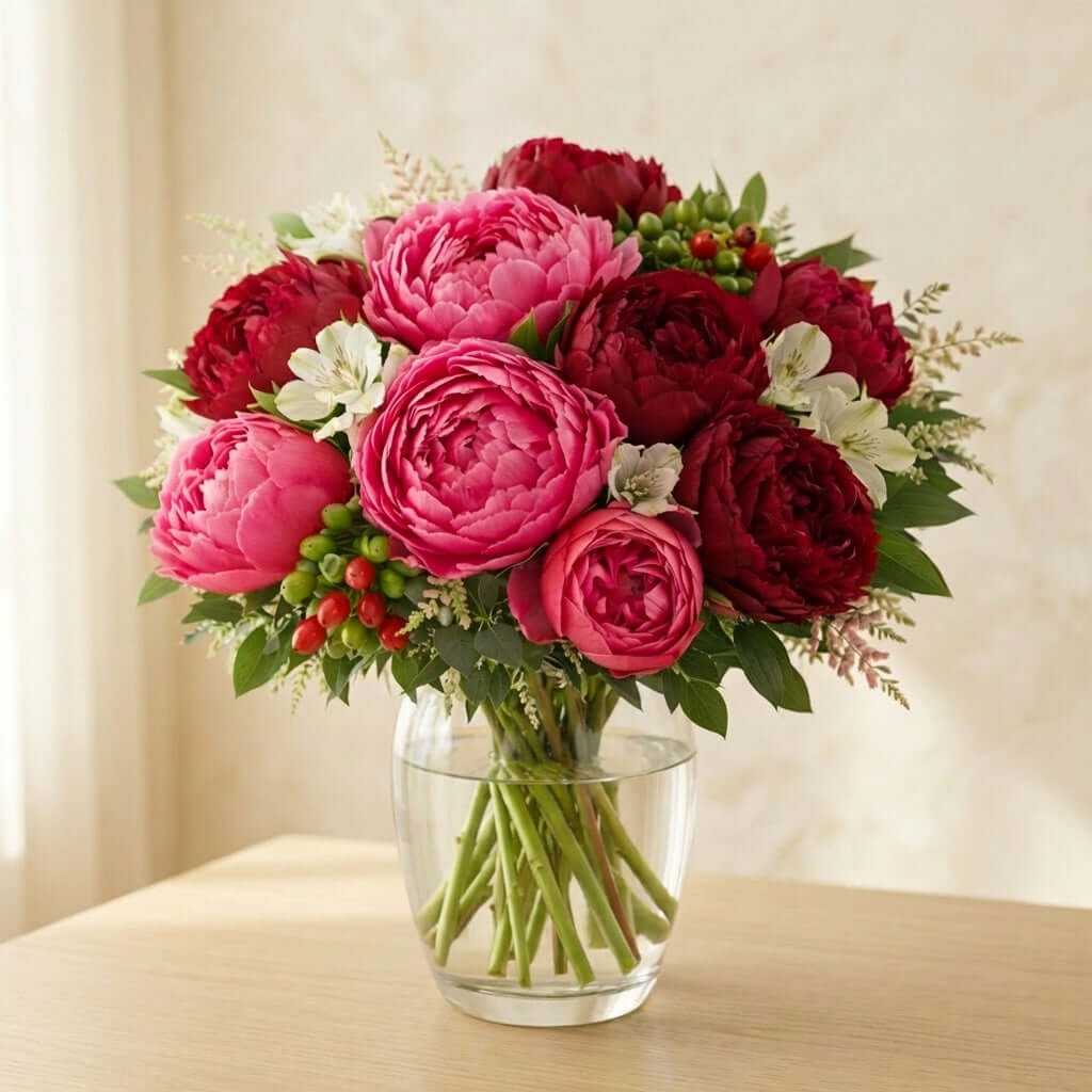 Pink and burgundy peony vase arrangement with seasonal greenery, Encinitas flower delivery