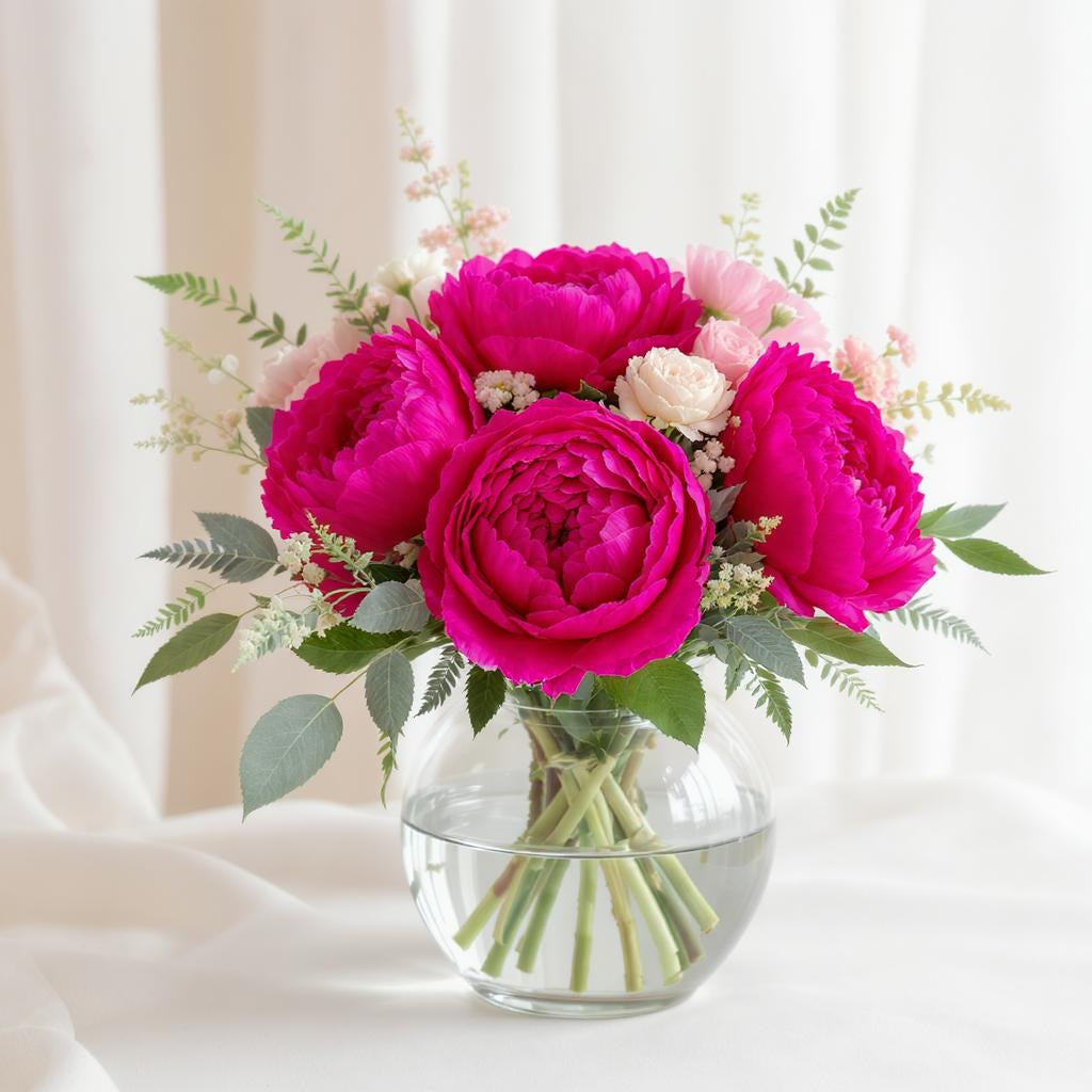 Regular size bright pink peony and rose arrangement with lush greenery and eucalyptus in a clear round glass vase — Oceanside flower delivery.