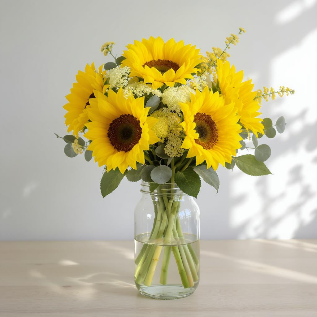 Regular size sunflower arrangement with bright yellow sunflowers, greenery, and eucalyptus in a clear glass vase on a light wooden table - Oceanside florist.