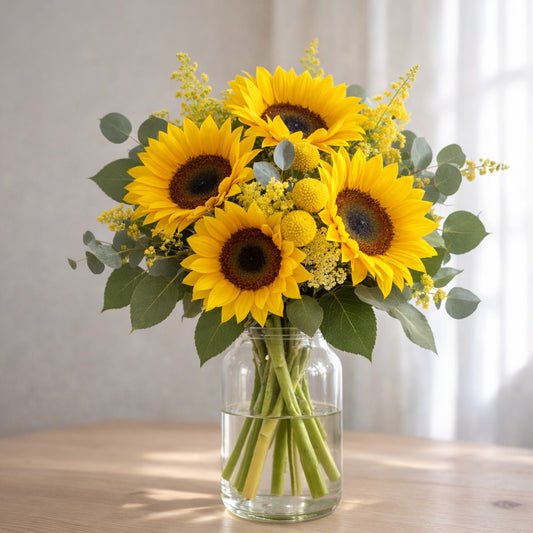 Sunflower bouquet in clear glass vase with eucalyptus and yellow filler flowers – Oceanside flower delivery