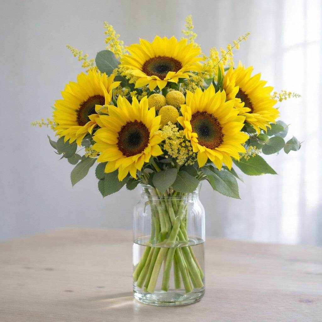 Sunflower vase arrangement with bright yellow sunflower blooms