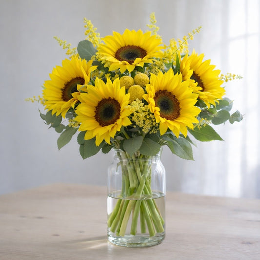 Deluxe sunflower arrangement with billy balls, goldenrod, and eucalyptus in glass vase – Oceanside flower delivery