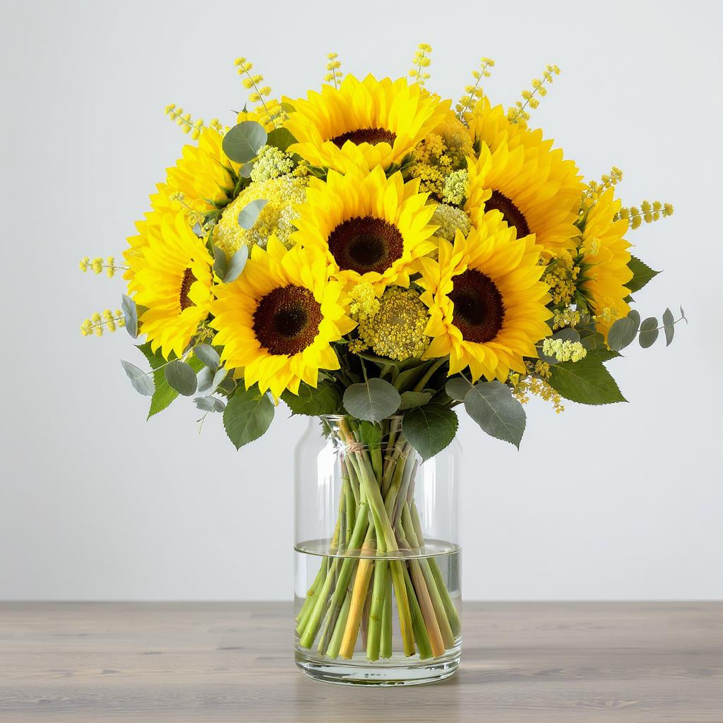 Premium size sunflower bouquet with multiple large yellow sunflowers, lush greenery, and eucalyptus in a clear glass vase displayed on a wooden surface - Oceanside florist.