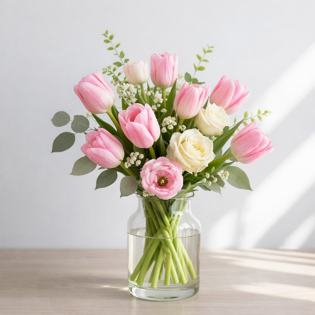 Pink tulip and white rose vase arrangement with elegant flowers