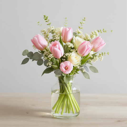 Pink Tulip & White Rose Vase Arrangement