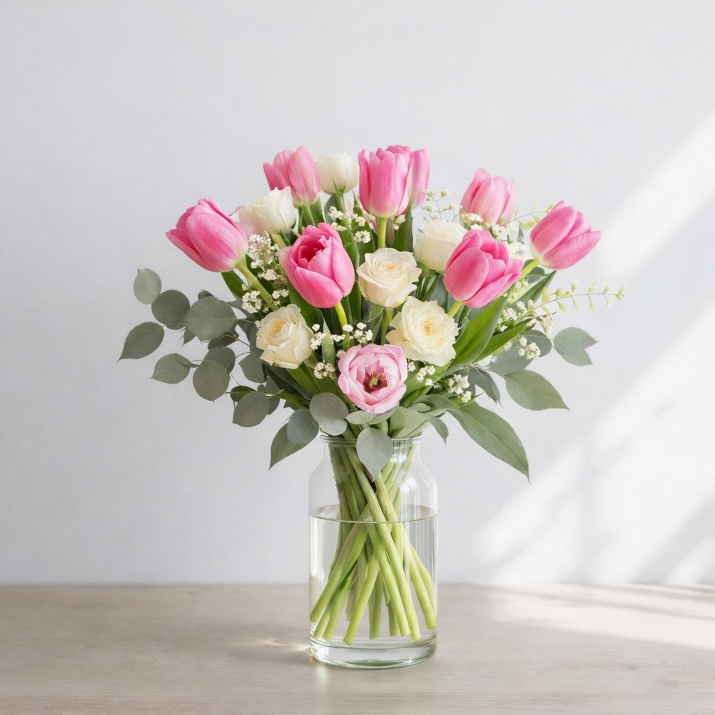 Pink tulip and white rose vase arrangement with elegant flowers