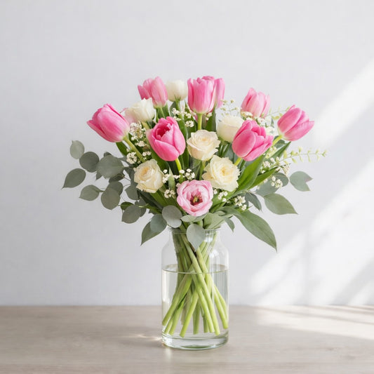Full size pink tulips and white roses bouquet with light filler – flower delivery in Oceanside California