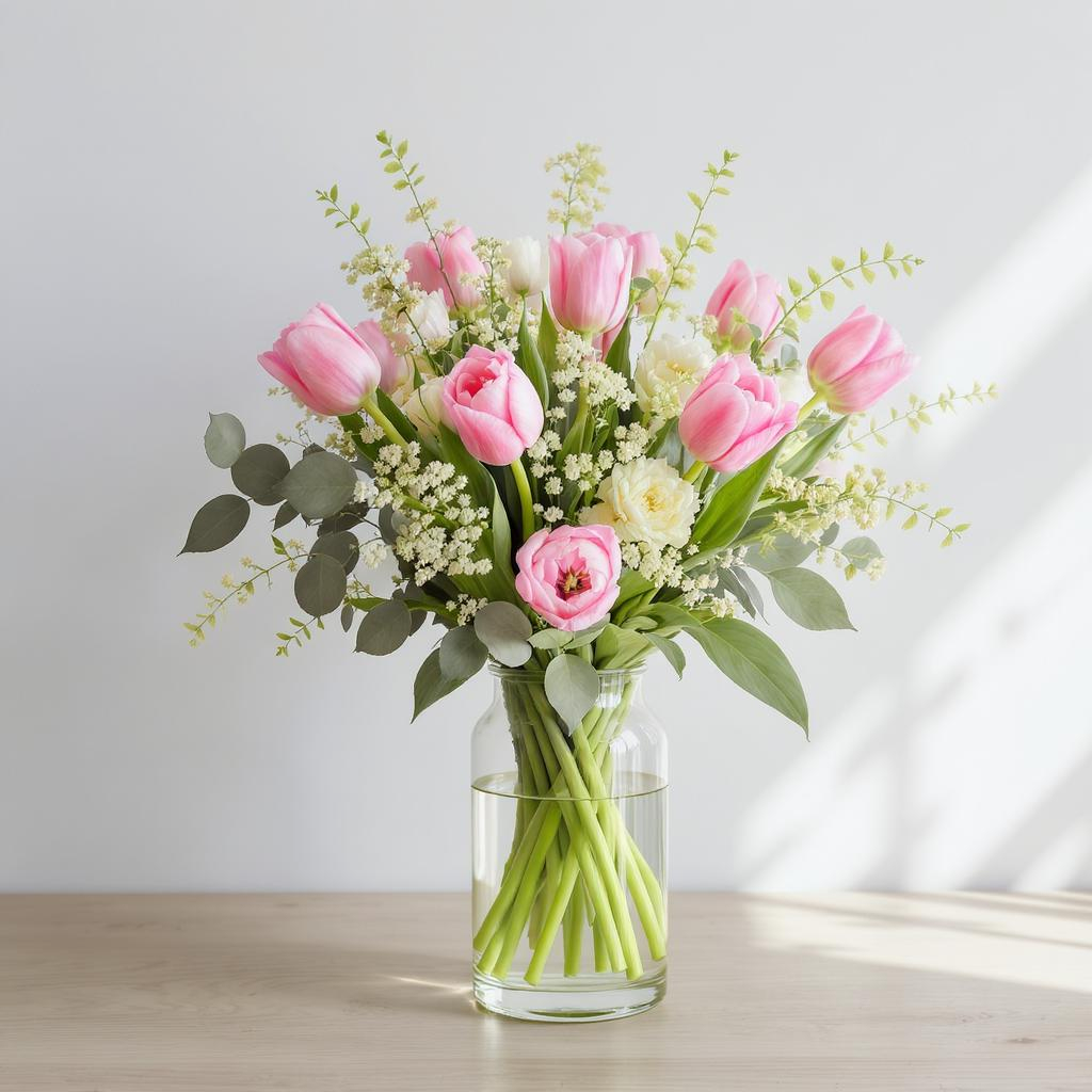 Pink Tulip & White Rose Vase Arrangement