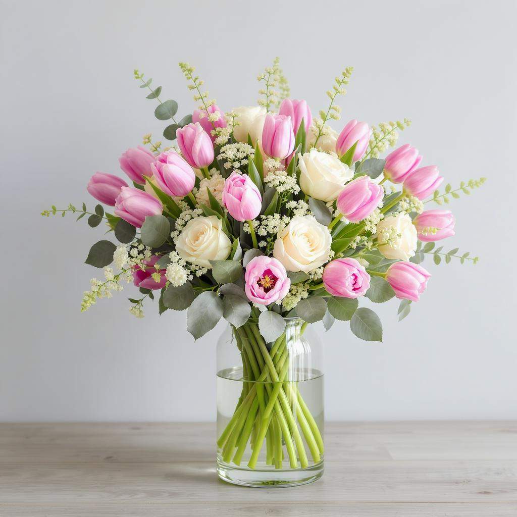 Pink Tulip & White Rose Vase Arrangement