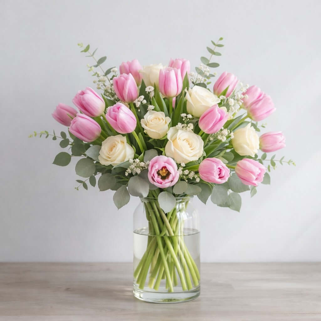 Pink tulip and white rose vase arrangement with elegant flowers