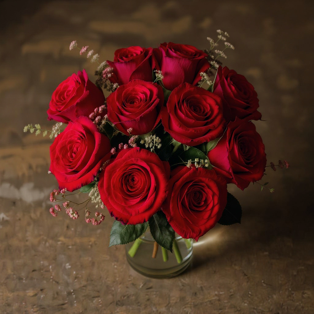 Regular size red rose arrangement with deep red roses and greenery in a clear glass vase on a dark rustic table - Fresh flowers Escondido CA.