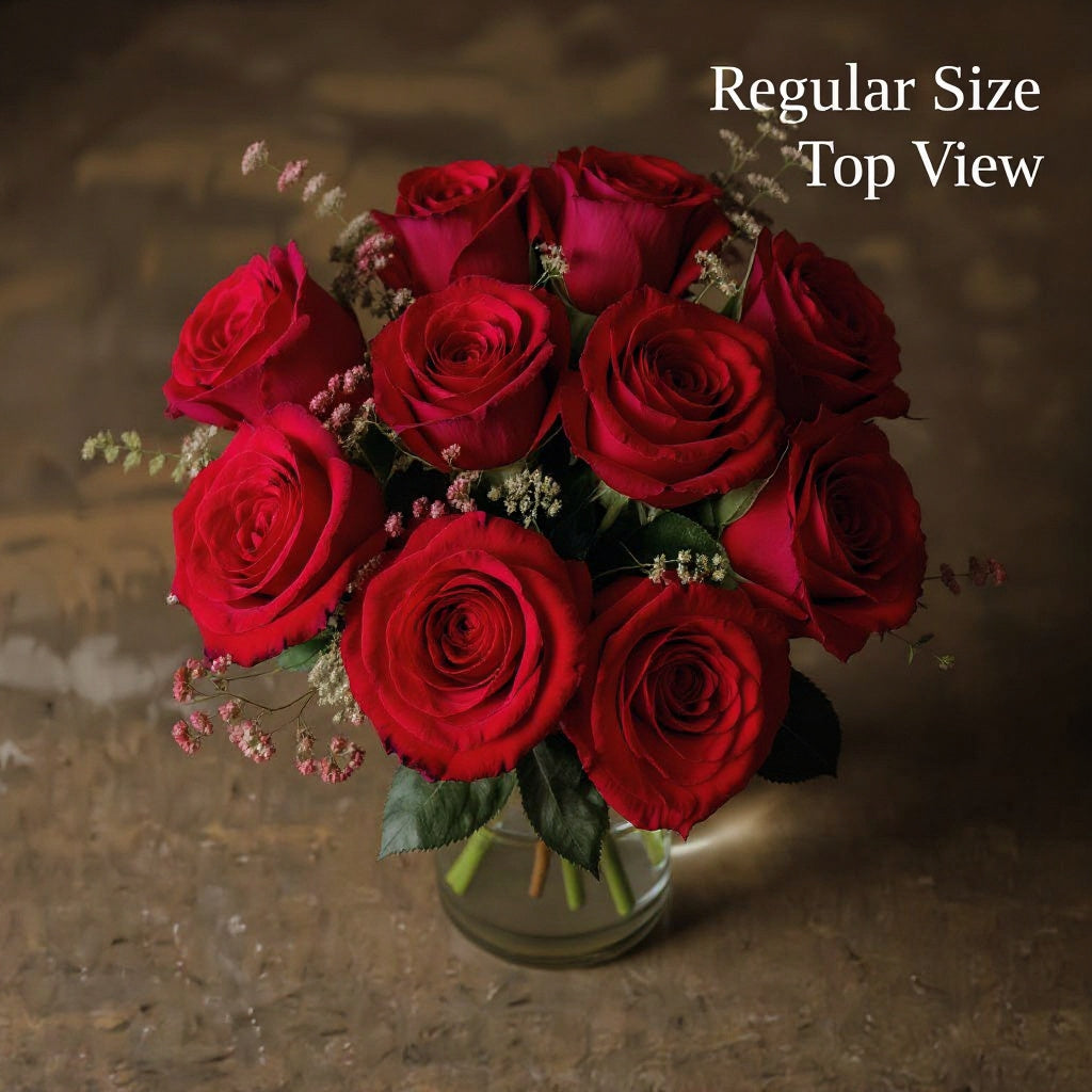 Regular size red rose arrangement with deep red roses and greenery in a clear glass vase on a dark rustic table - Fresh flowers Escondido CA.
