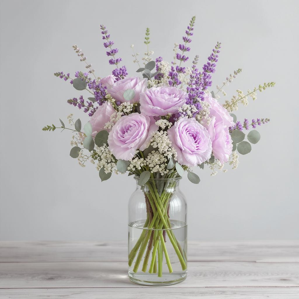 Elegant Lavender & Rose Bouquet in Glass Vase