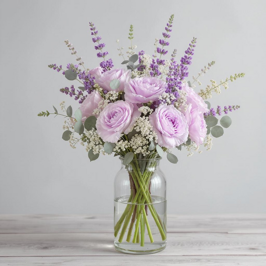Elegant Lavender & Rose Bouquet in Glass Vase