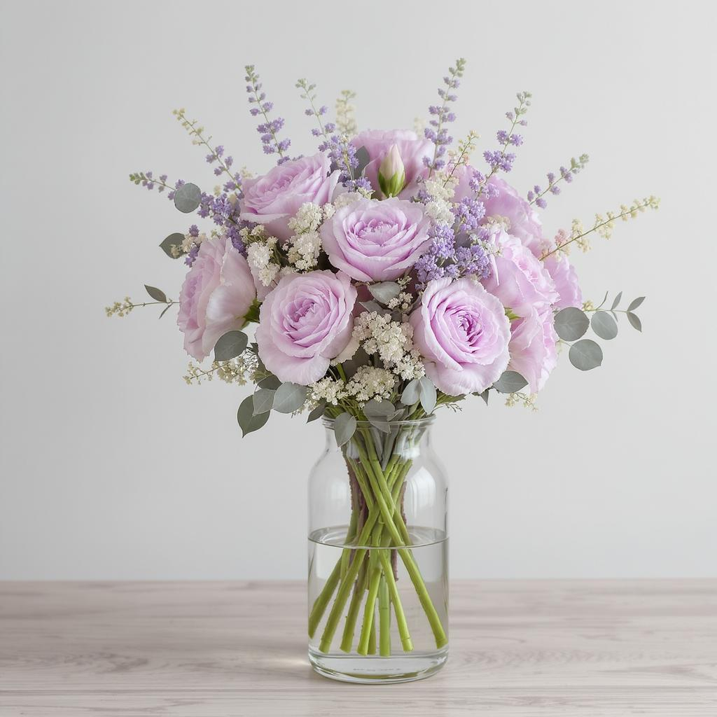 Elegant Lavender & Rose Bouquet in Glass Vase