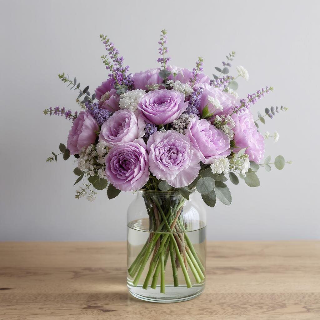 Elegant Lavender & Rose Bouquet in Glass Vase