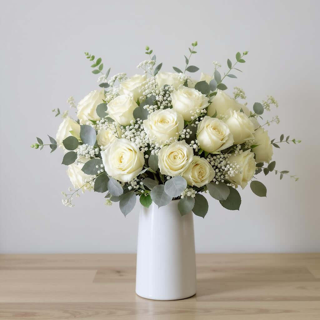 White rose bouquet in ceramic vase with elegant blooms