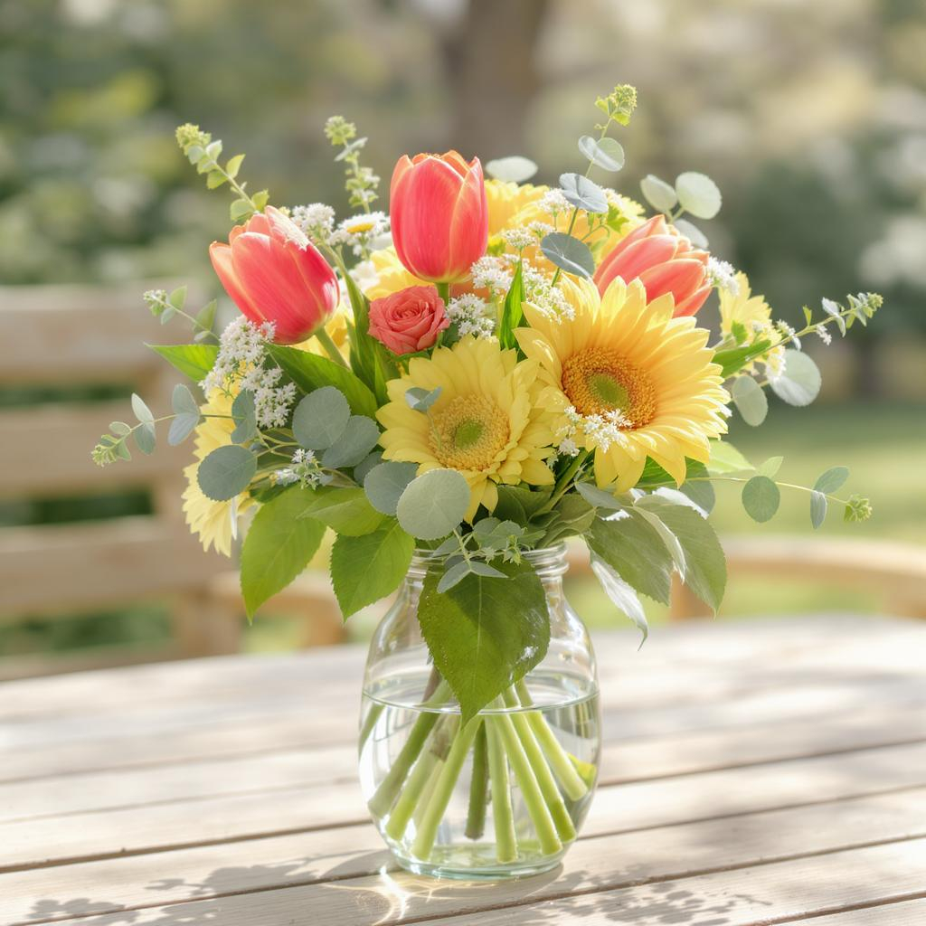 Sunny Spring Garden – Yellow Gerbera, Pink Tulip & Rose Vase Arrangement