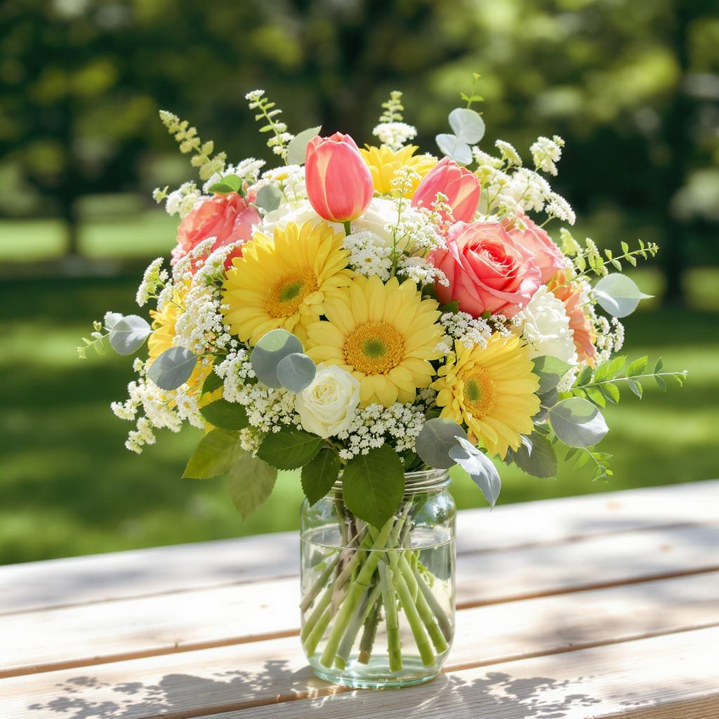 Sunny Spring Garden – Yellow Gerbera, Pink Tulip & Rose Vase Arrangement