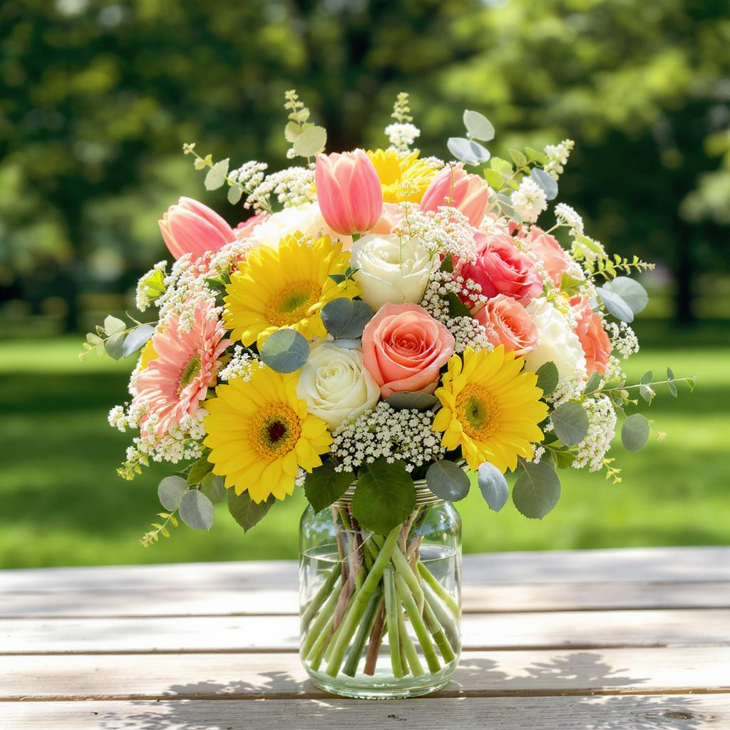 Sunny Spring Garden – Yellow Gerbera, Pink Tulip & Rose Vase Arrangement