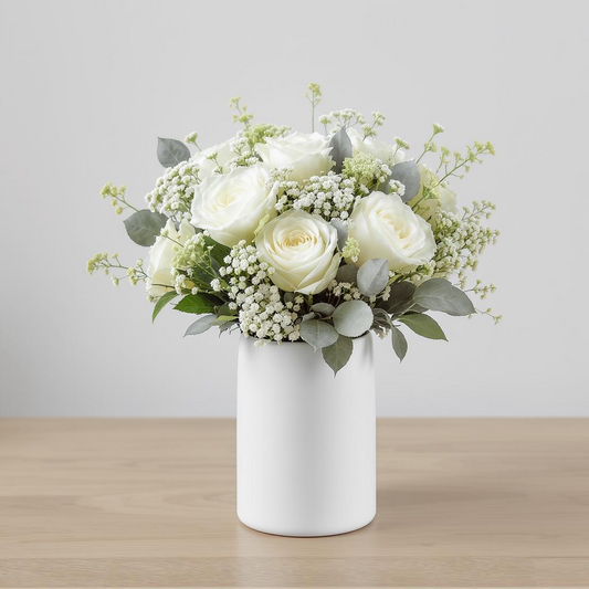 Pure Grace – White Rose & Baby’s Breath Vase Arrangement