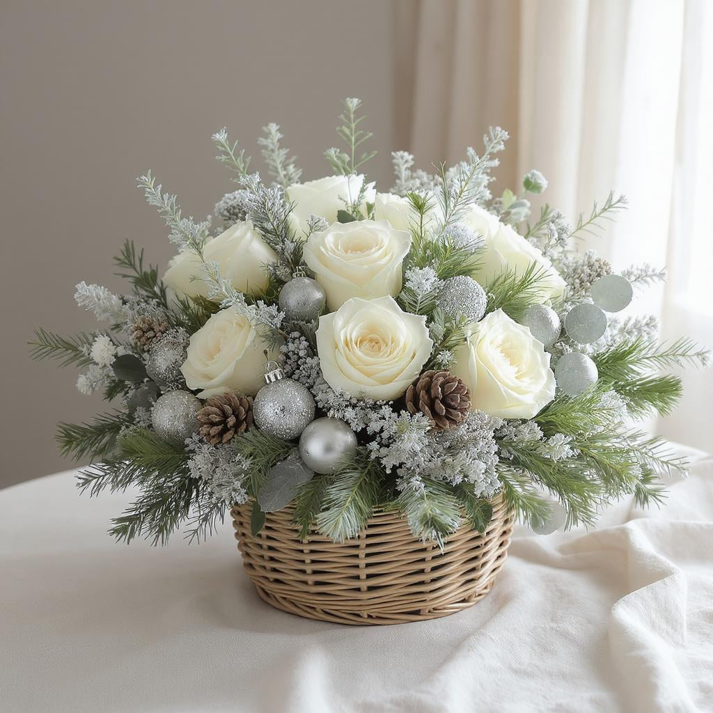 Deluxe size white rose basket arrangement featuring cream roses, dusty miller, silver brunia, and eucalyptus in a woven wicker basket with a warm indoor background - Fresh flowers Vista CA.
