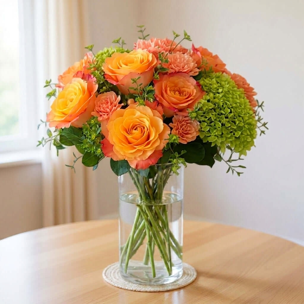 Orange rose and hydrangea vase arrangement with peach-toned flowers