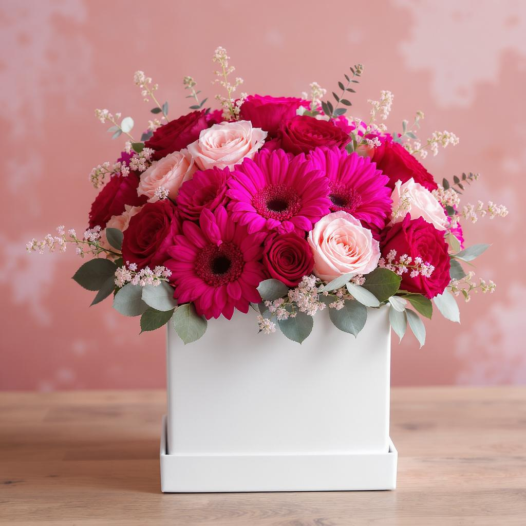 Bold Romance – Red Rose & Pink Gerbera Box Arrangement