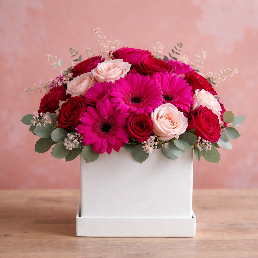 Deluxe size flower arrangement with pink gerbera daisies, red roses, blush roses, and eucalyptus in a white box vase on a wooden table - Oceanside florist.